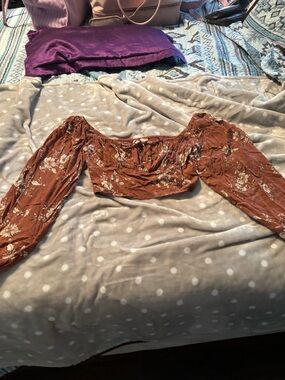 Altar'd State Rust Brown Floral Off-Shoulder Long Sleeve Crop Top